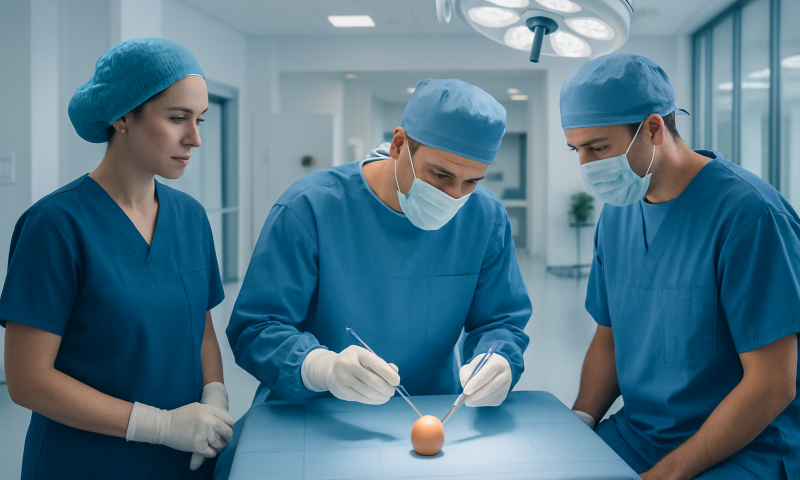 Surgeons performing a delicate procedure on an egg in an operating room.