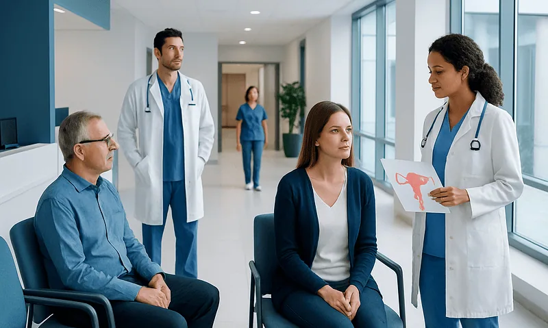 Doctor explaining ultrasound results to female patient in hospital corridor.
