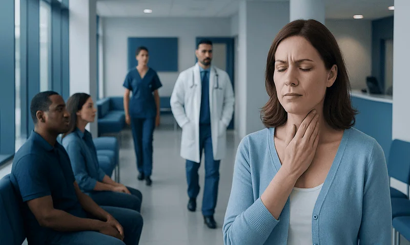 Woman experiencing throat discomfort in a hospital waiting area.