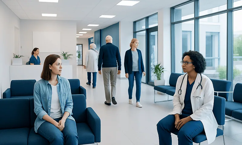 Medical consultation in a modern hospital waiting area with diverse staff and patients.