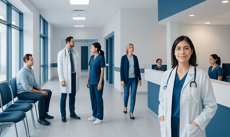 Healthcare professionals and patients in a modern hospital corridor.