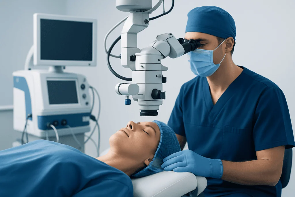 Surgeon performing eye surgery with advanced microscope at Acibadem Hospital.