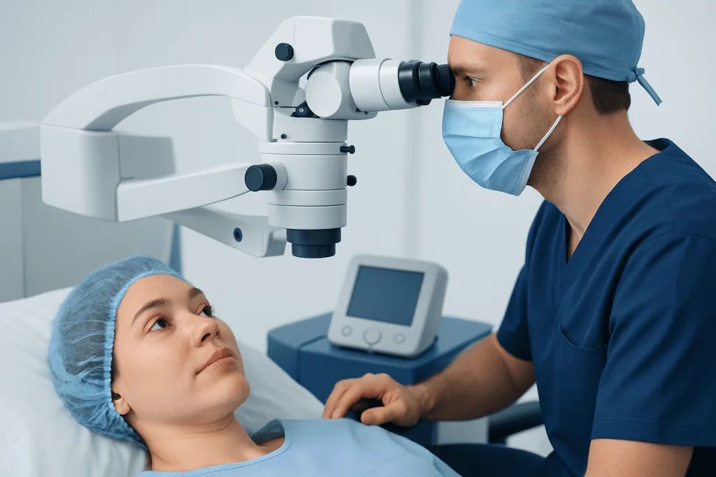 Ophthalmologist examining patient's eye with a microscope at Acibadem Hospital.