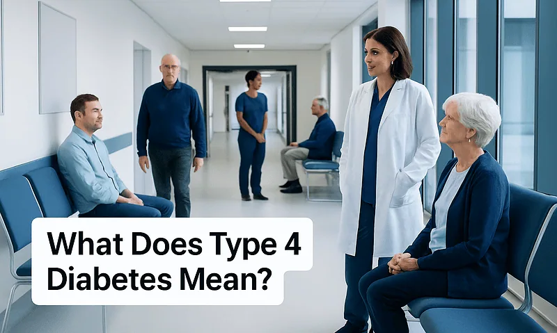 Medical professionals and patients in a hospital corridor discussing Type 4 Diabetes.