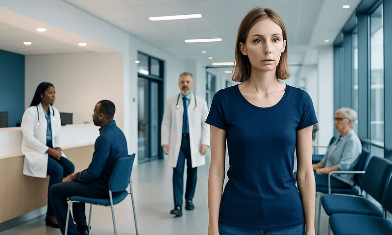 Young woman waiting in a hospital corridor with medical staff and patients.