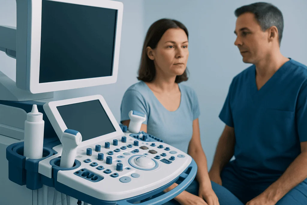 Doctor explaining ultrasound results to a patient in a medical clinic.