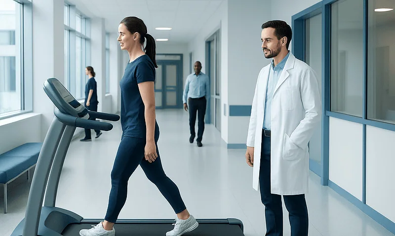 Woman walking backwards on a treadmill in a hospital corridor.