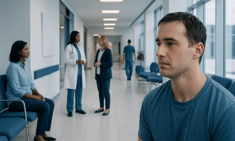 Young man with a medical condition waiting in a hospital corridor.