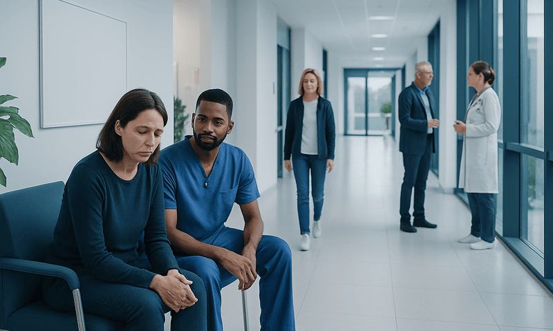 Patients waiting and medical staff in a modern hospital corridor.