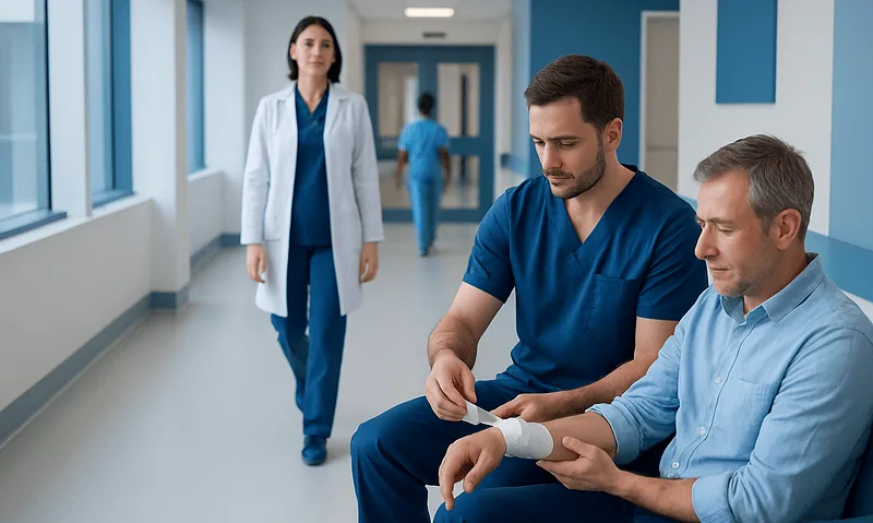 Medical professionals examining a patient's arm in a hospital corridor.