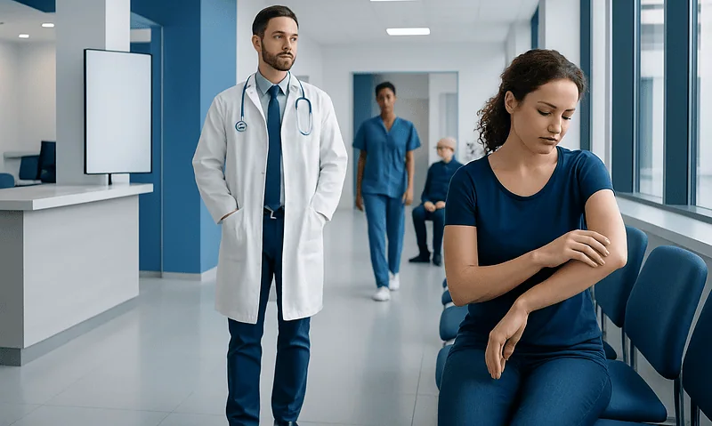 Dry Elbows — Explained by Medical Evidence, Not Myths 16 Patient with dry elbows in a hospital corridor, medical staff nearby.