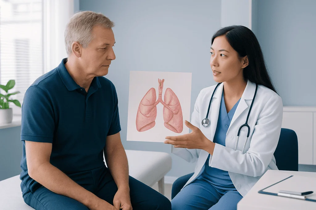 Doctor explaining lung anatomy to patient in a medical consultation.