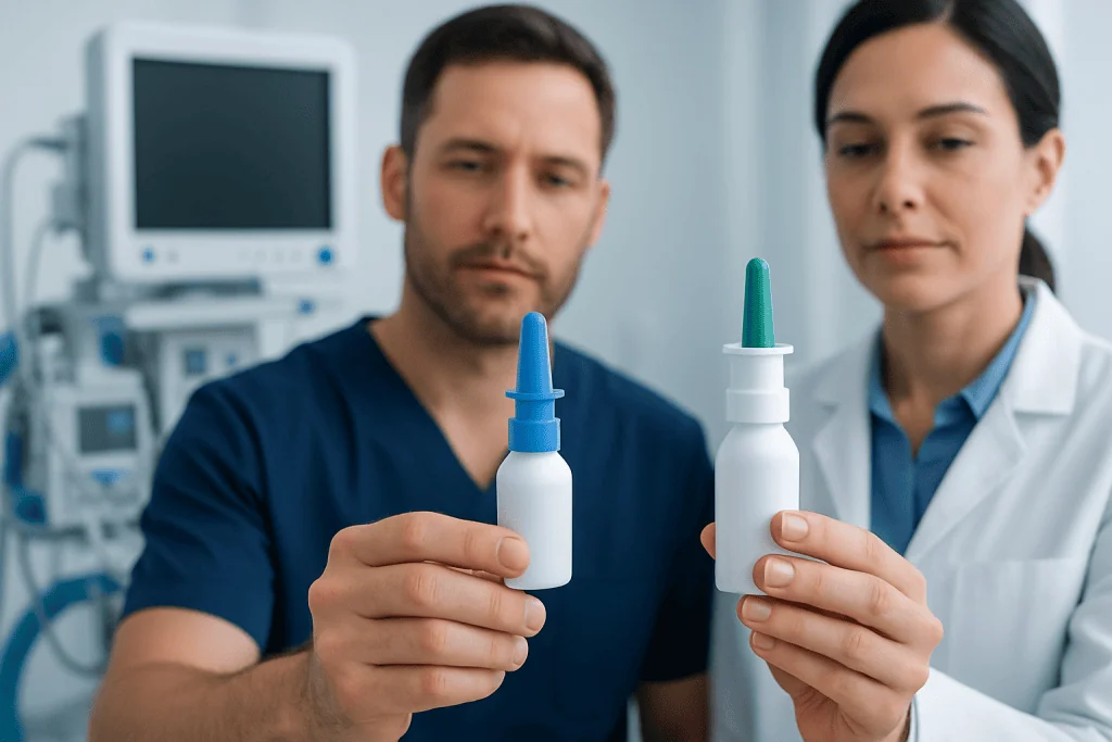 Medical professionals holding nasal spray bottles in a clinical setting.