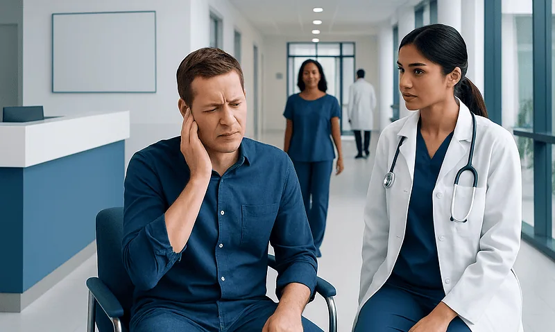 Patient experiencing ear pain during a medical consultation at Acibadem Hospital.