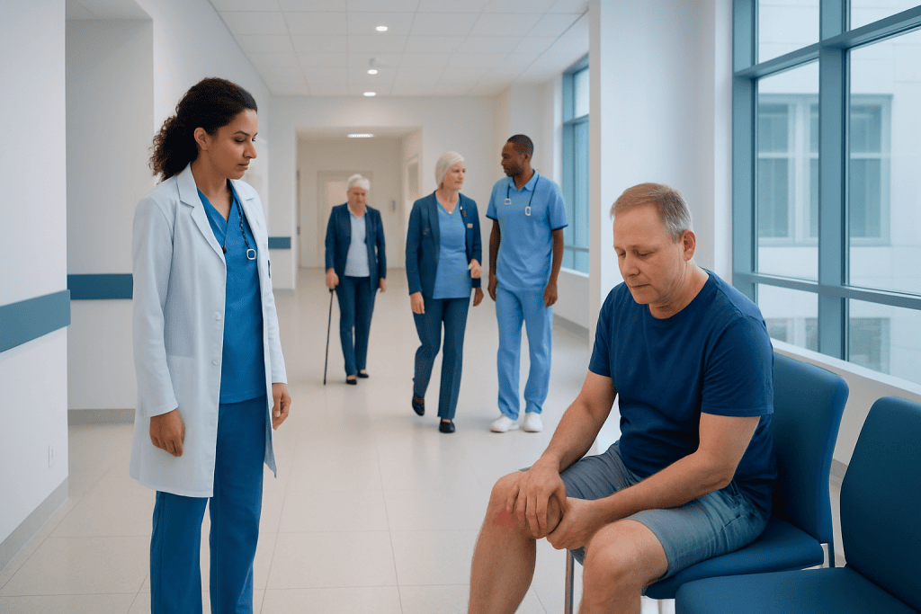 Early Stage Knee Infection Pictures: Early Signs, Risk Factors, and How It Is Treated 1 Hospital staff and patient in a medical corridor at Acibadem Hospitals Group.