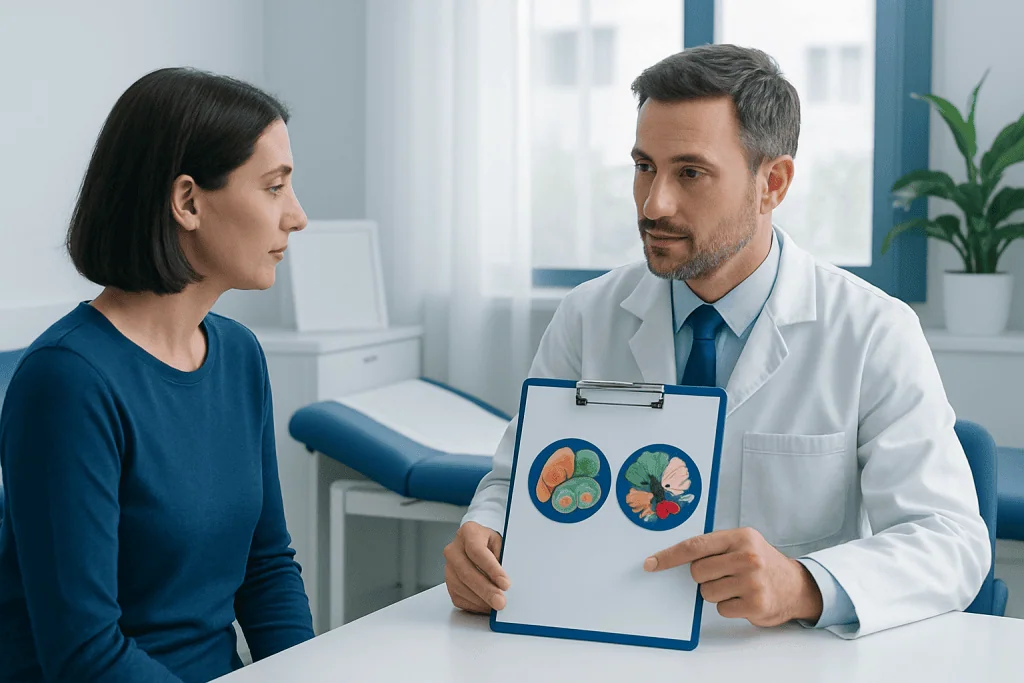 Doctor explaining brain scan results to a patient in a medical office.
