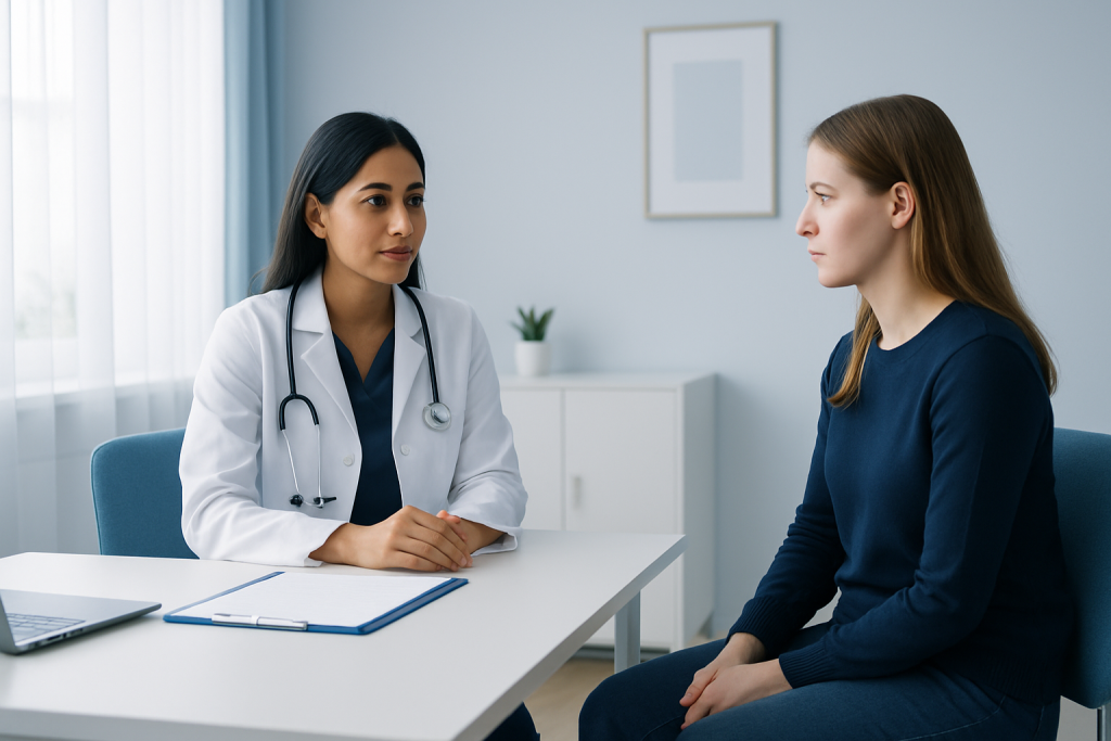 Doctor consulting with a patient in a modern medical office.