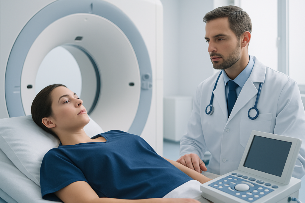 Medical professional consulting a patient in an MRI scan room at Acibadem Hospitals.