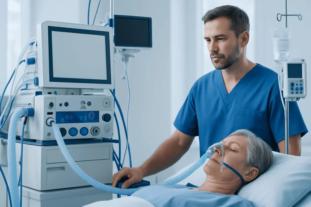 Medical professional monitoring a patient on ventilator in hospital ICU.