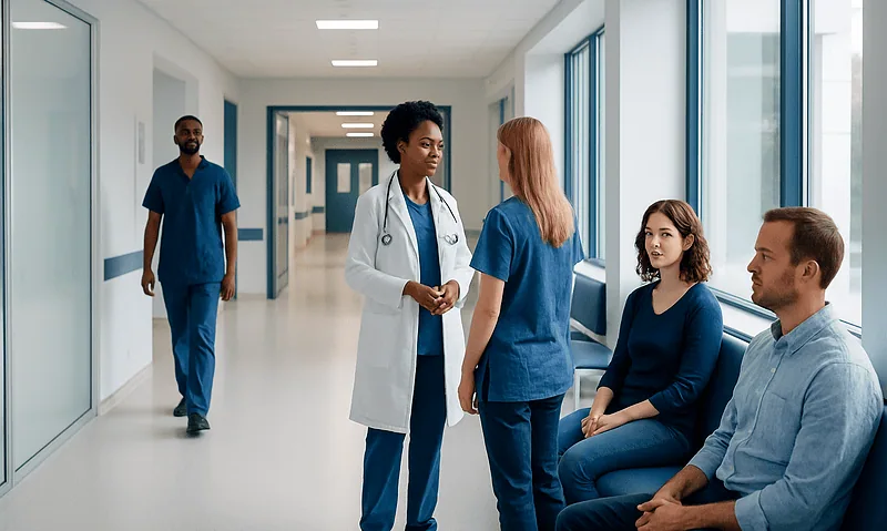 Medical team consulting with patients in hospital corridor.