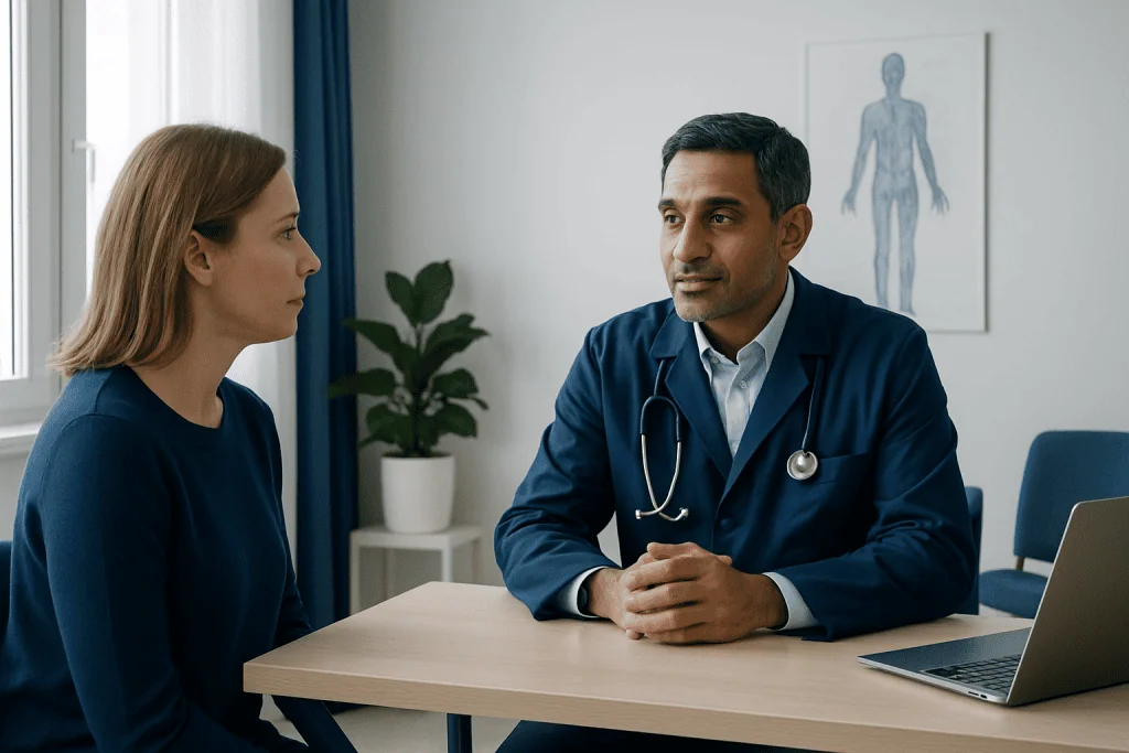 Doctor consulting with a female patient in a modern medical office.