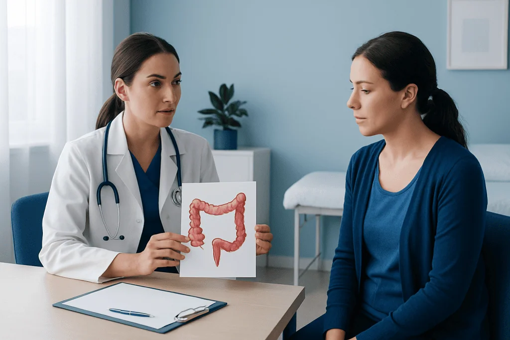 Doctor explaining colon health to patient with colon model.