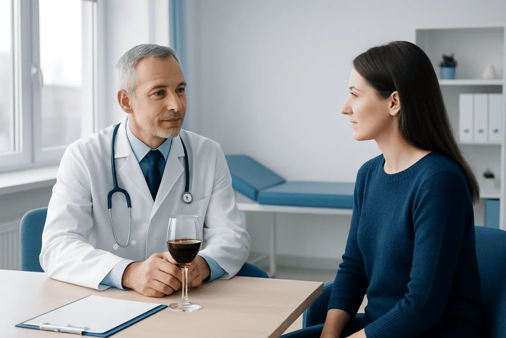 Doctor and patient discussing health with a glass of red wine present.