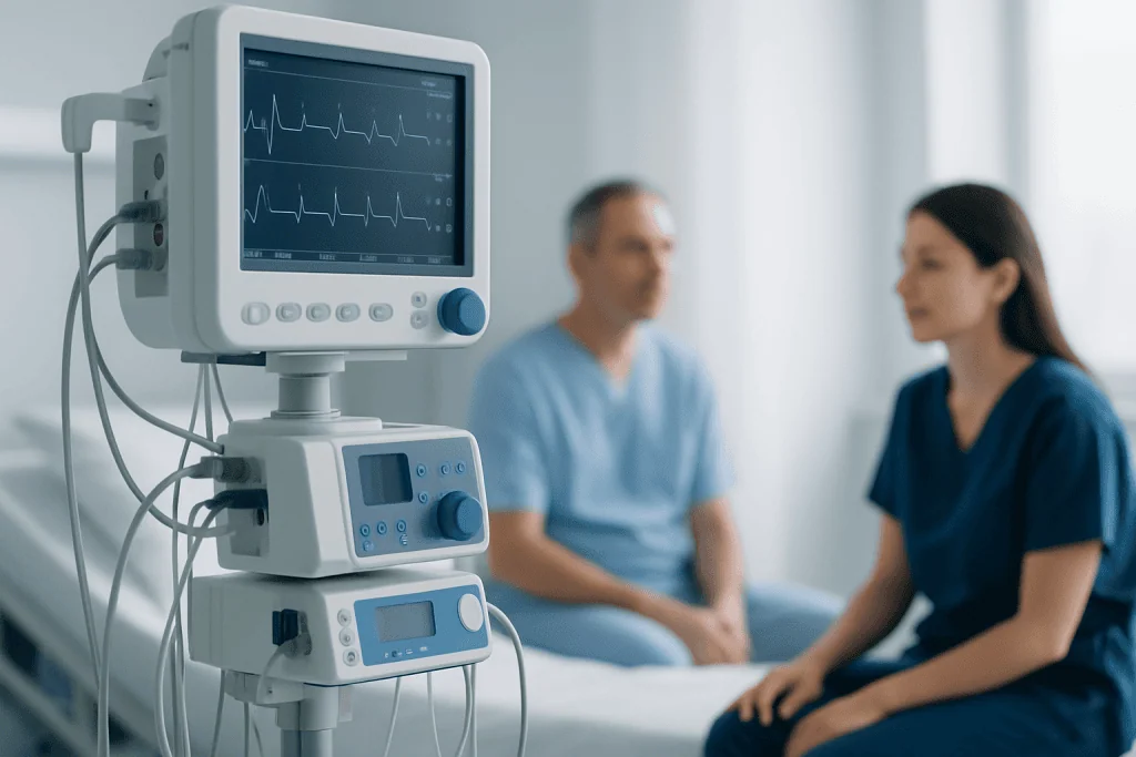 Medical monitor displaying heart rate in a hospital setting with two healthcare professionals.