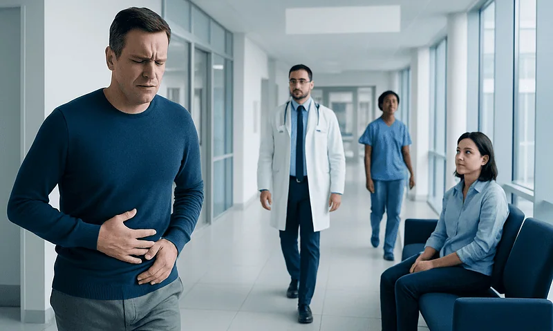 Man experiencing stomach pain in hospital corridor with medical staff nearby.