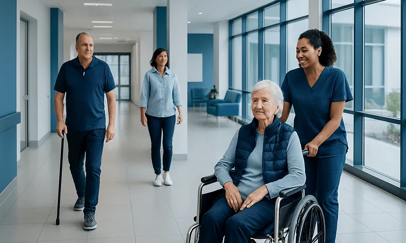 Healthcare professionals assisting elderly patient in hospital corridor.