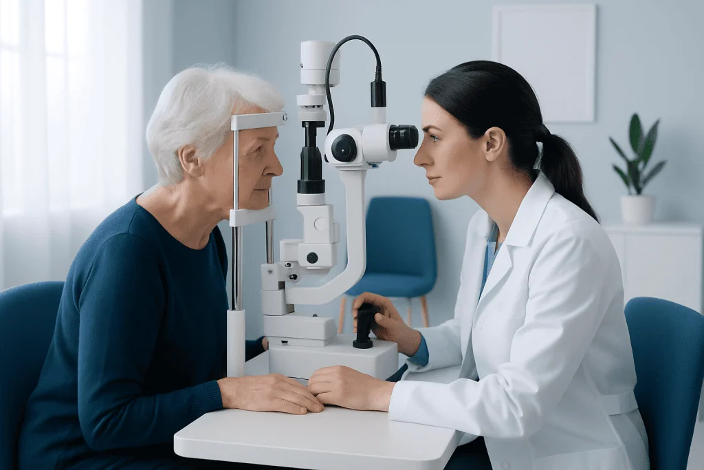 Ophthalmologist examining elderly patient's eye with slit lamp.