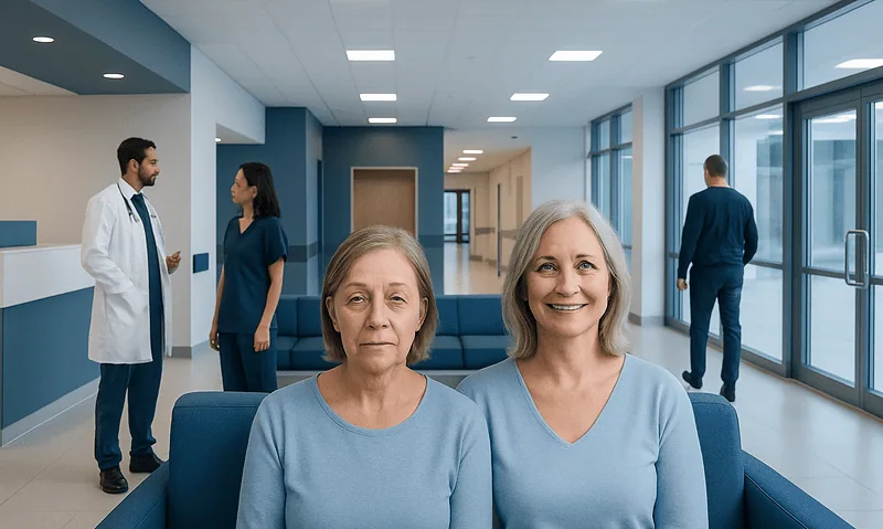Elderly woman and middle-aged woman in hospital waiting area.