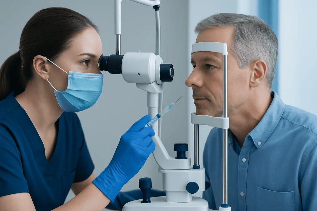 Ophthalmologist performing eye examination with slit lamp microscope.