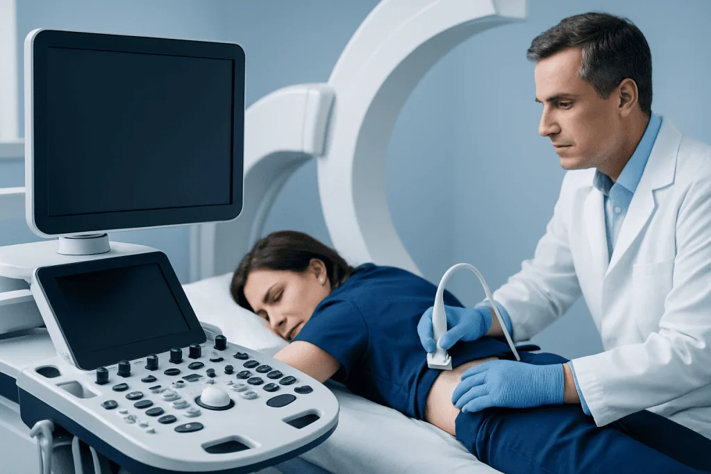 Doctor performing an ultrasound examination on a patient in a hospital setting.
