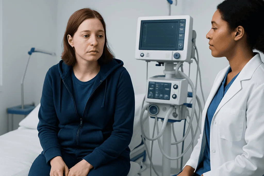 Patient consulting with doctor in hospital room with medical equipment.