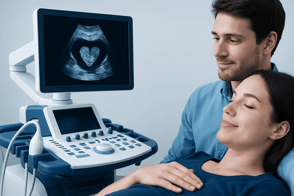 Ultrasound image showing a heart-shaped fetus in the womb.