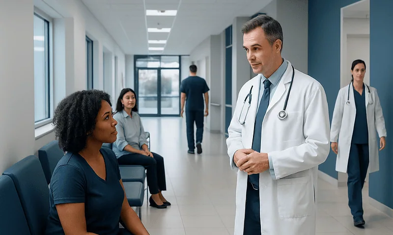 Fatty Infiltration of the Liver — Explained by Medical Evidence, Not Myths 14 Doctor consulting patient in hospital corridor with medical staff in background.