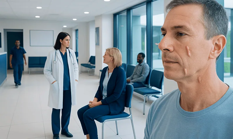Patient waiting in hospital corridor with medical staff nearby.