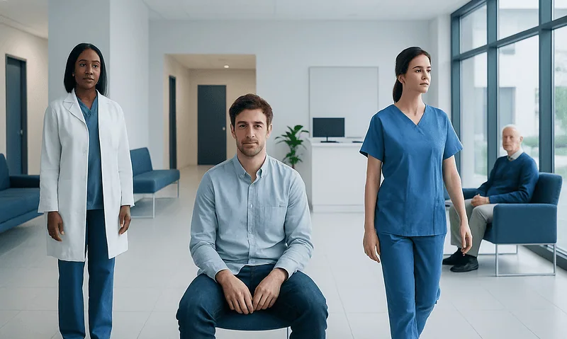 Medical staff and patient in hospital waiting area with large windows.