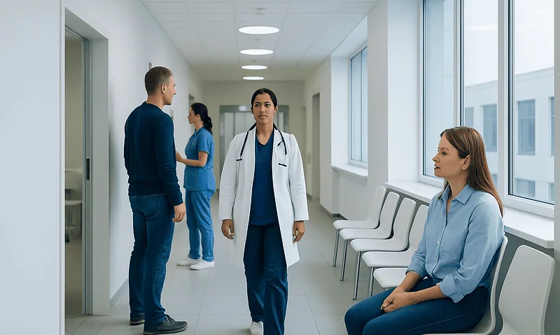 Healthcare professionals and patient in hospital corridor at Acibadem Hospitals Group.