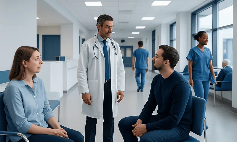 Doctor consulting with a patient in a hospital corridor.