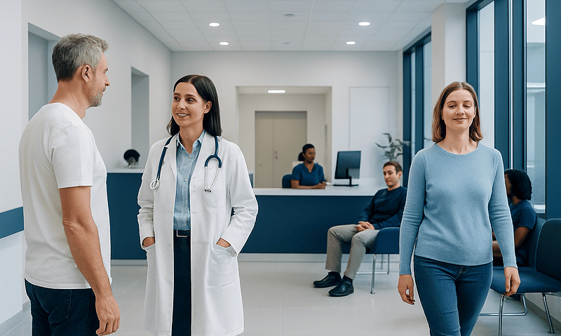 Patients and doctor in a modern hospital reception area.