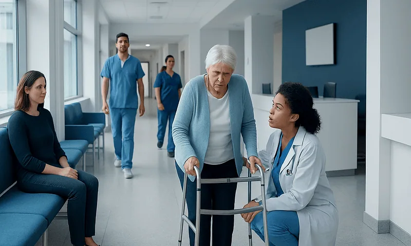 Elderly woman with walker consulting with nurse in hospital corridor.