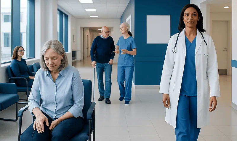 Healthcare professionals and patient in a hospital corridor at Acibadem Hospitals Group.