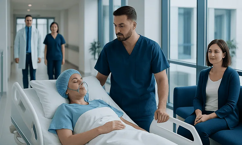 Medical team with patient in hospital room at Acibadem Hospitals Group.