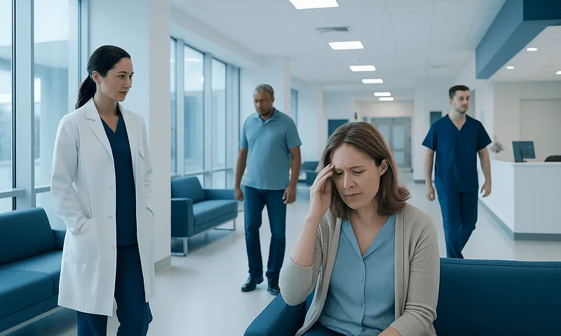 Patient experiencing dizziness in hospital waiting area with medical staff nearby.