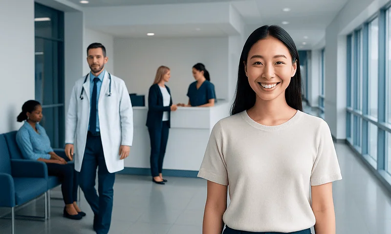 Smiling young woman in hospital lobby with medical staff in background.