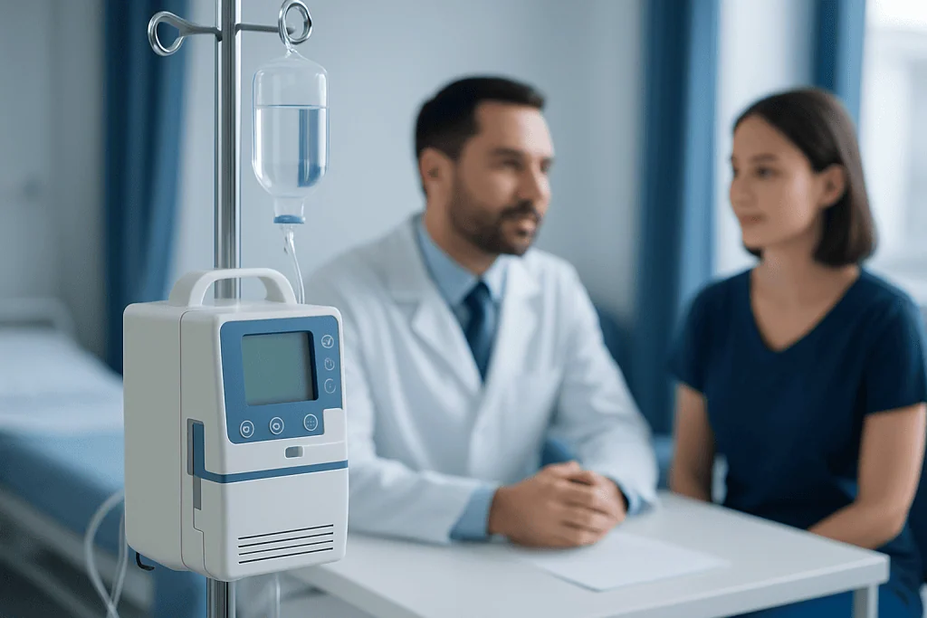 Medical professional consulting a patient in a hospital room with IV equipment.