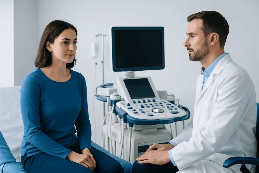 Doctor consulting with a patient in a medical examination room.
