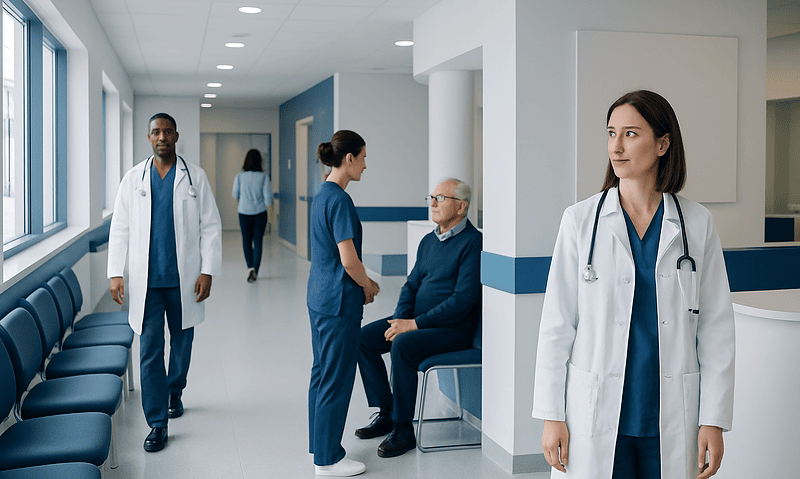 Healthcare professionals and patient in a hospital corridor at Acibadem Hospitals Group.